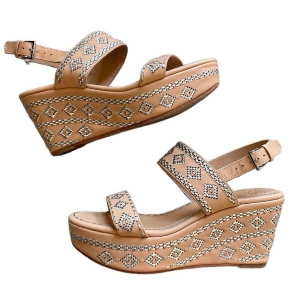Tory Burch Reena Wedge Sandals Embroidered Leather Size 8.5
